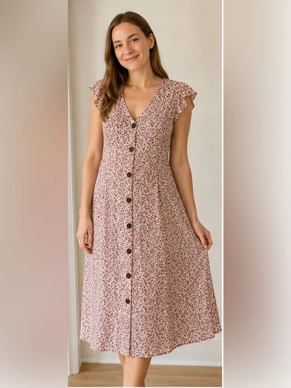 Thread & Supply Monteau Rose-Tan Floral Button Midi Dress - Picture 1 of 6